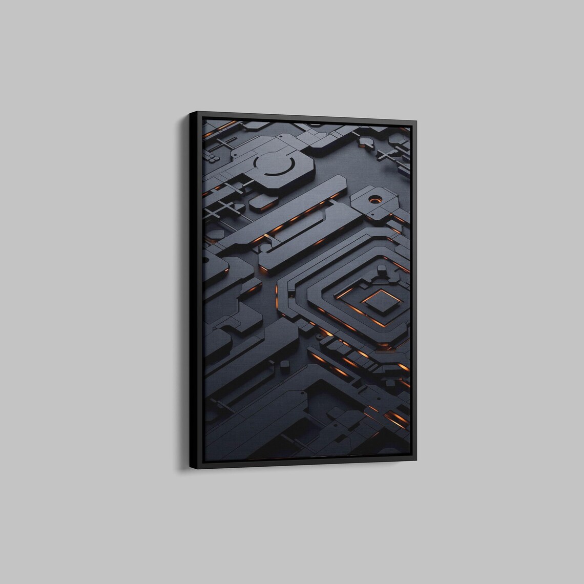 Dark 3D Circuit Board With Glowing Orange Circuit Lines Tech Poster