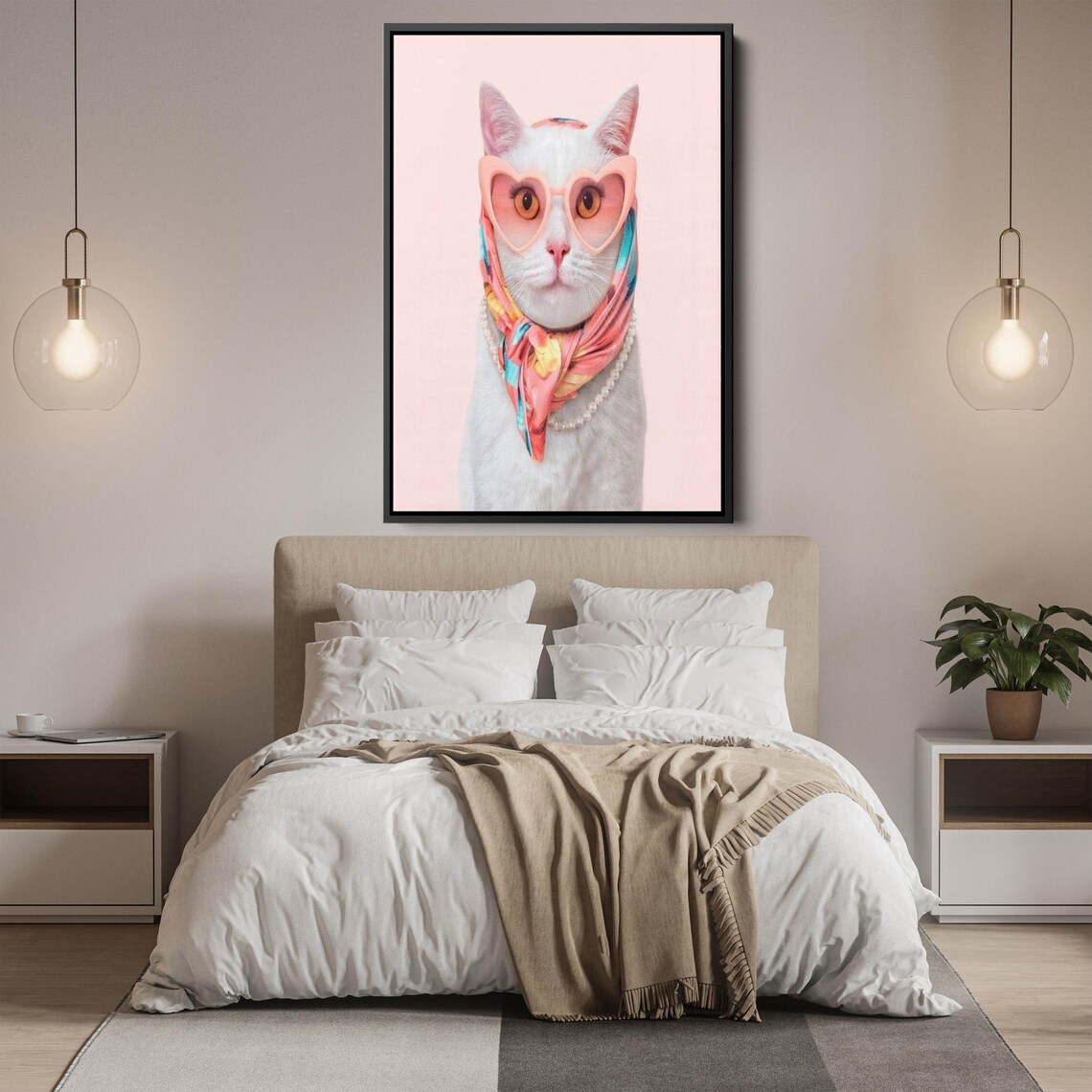 White Cat Pink Heart Sunglasses Scarf Funny Animal Art Poster - Image 2