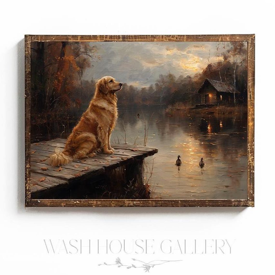 Golden Retriever On a Wooden Dock Watching Ducks at Dusk Poster - Image 3