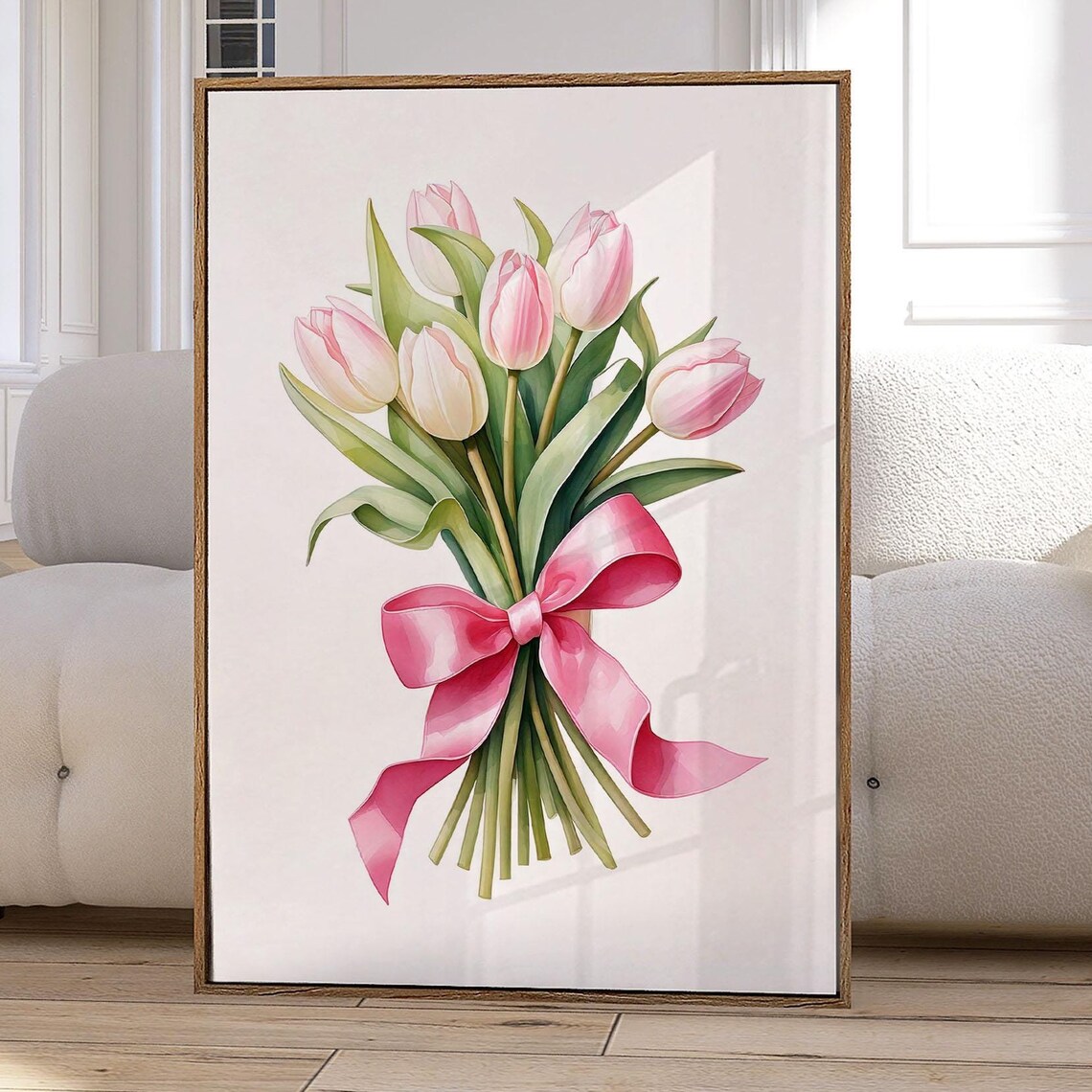 Pink Tulips Bouquet Watercolor With Ribbon Bow Coquette Wall Art