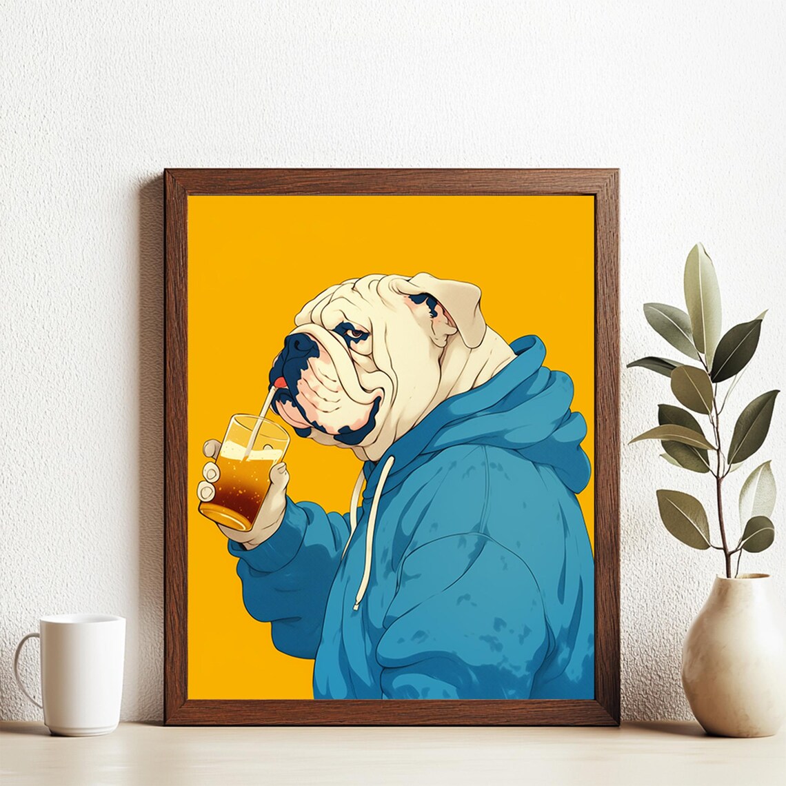 English Bulldog Drinking Iced Coffee Blue Hoodie Funny Pop Art Poster