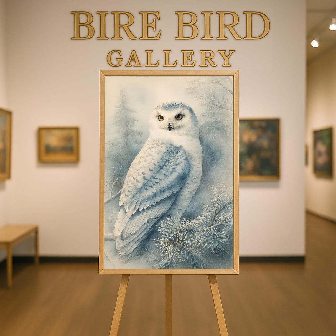 Snowy Owl In Winter Pines Soft Blue Watercolor Majestic Bird Poster