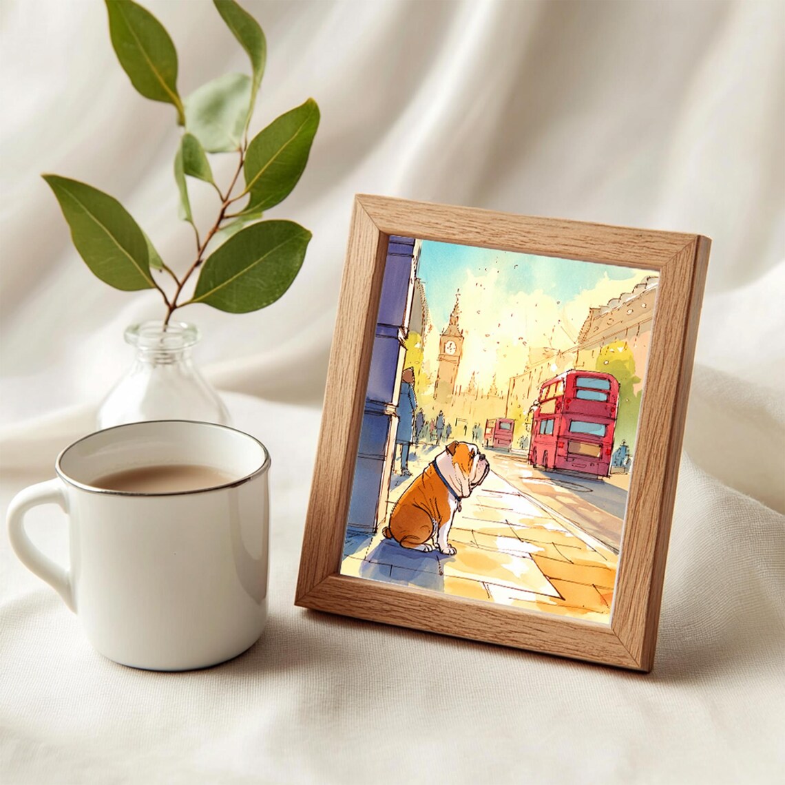 English Bulldog Watercolor London Street Big Ben Red Bus Poster - Image 3