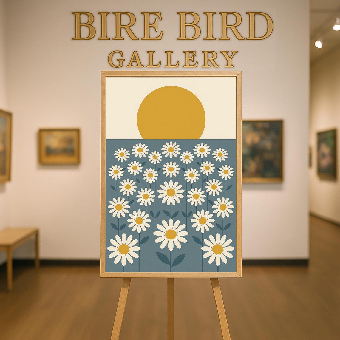 Retro Daisy Field Under Golden Sun Mid Century Modern Floral Poster