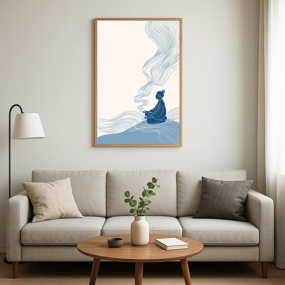 Meditating Figure Blue Ocean Waves Flowing Mindfulness Art Poster - Image 5