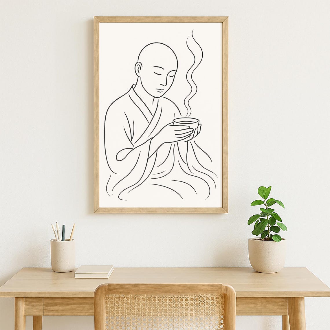 Monk Drinking Tea Line Drawing Zen Calm Mindful Room Art Poster - Image 4