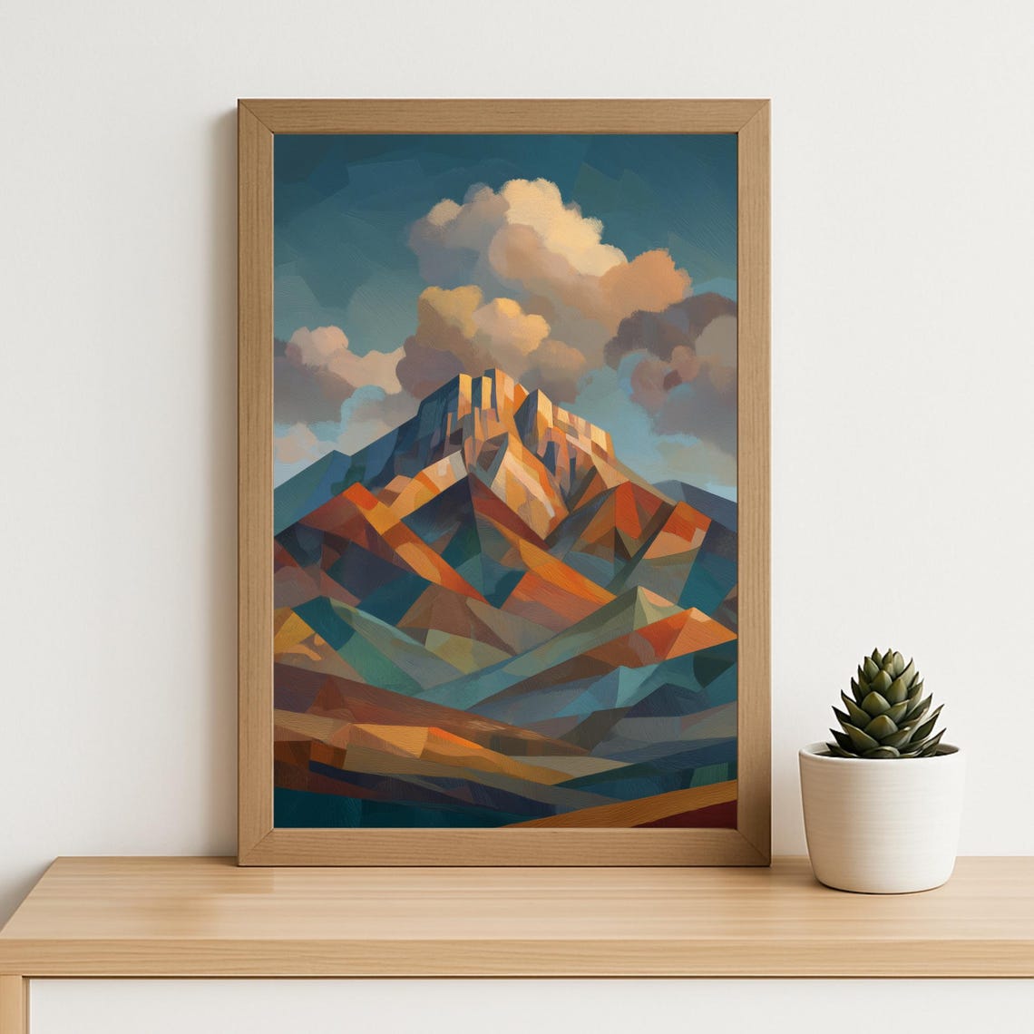 Geometric Mountain Peak In Sunset Colors Cubist Style Art Poster