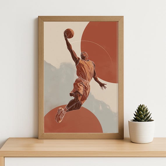 Basketball Dunk Line Art Poster Modern Abstract Sports Wall Athlete Print Jump Action Minimalist Slam Decor
