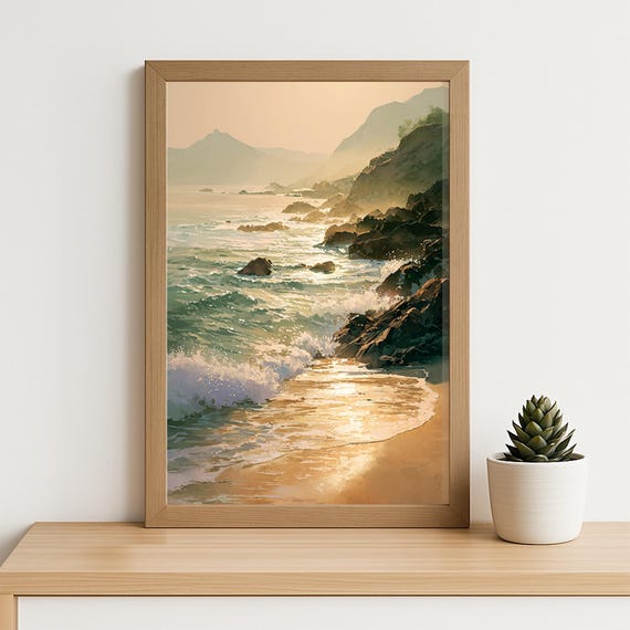 Sunset Coastline Illustration Serene Ocean Waves And Rocky Shore Art Print Tranquil Seaside Landscape Nature Meditation Wall Decor