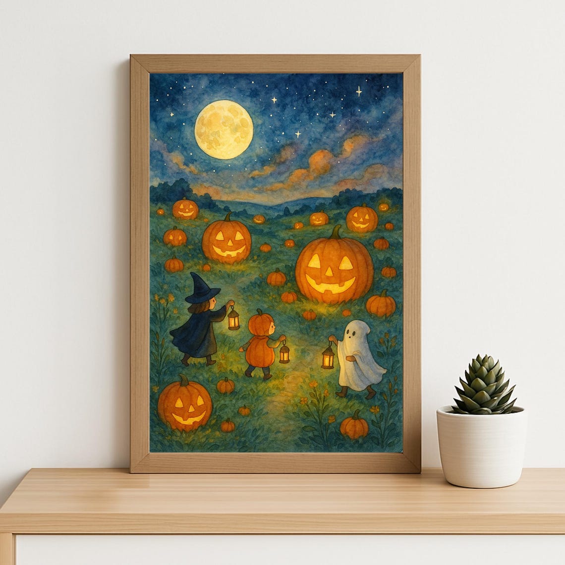 Halloween Pumpkin Field Kids Costumes Full Moon Starry Night Art Print