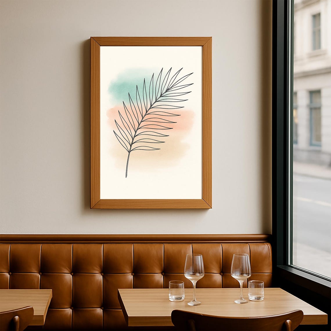 Minimalist Palm Leaf Line Art Pastel Watercolor Botanical Print - Image 2