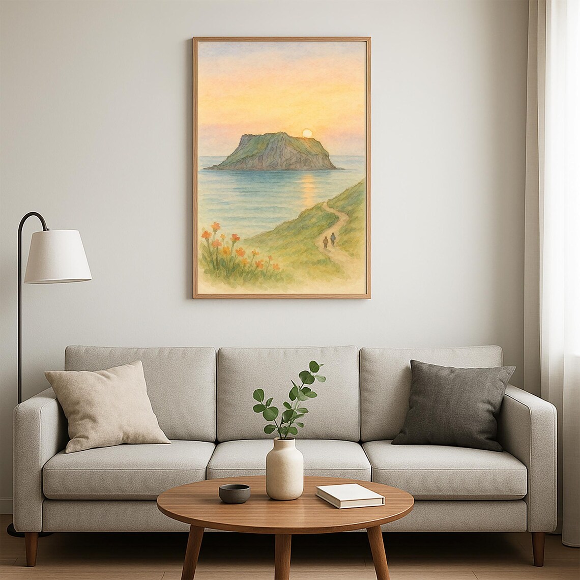 Sunrise Over Rocky Island Coast With Two Walkers Watercolor Poster - Image 4