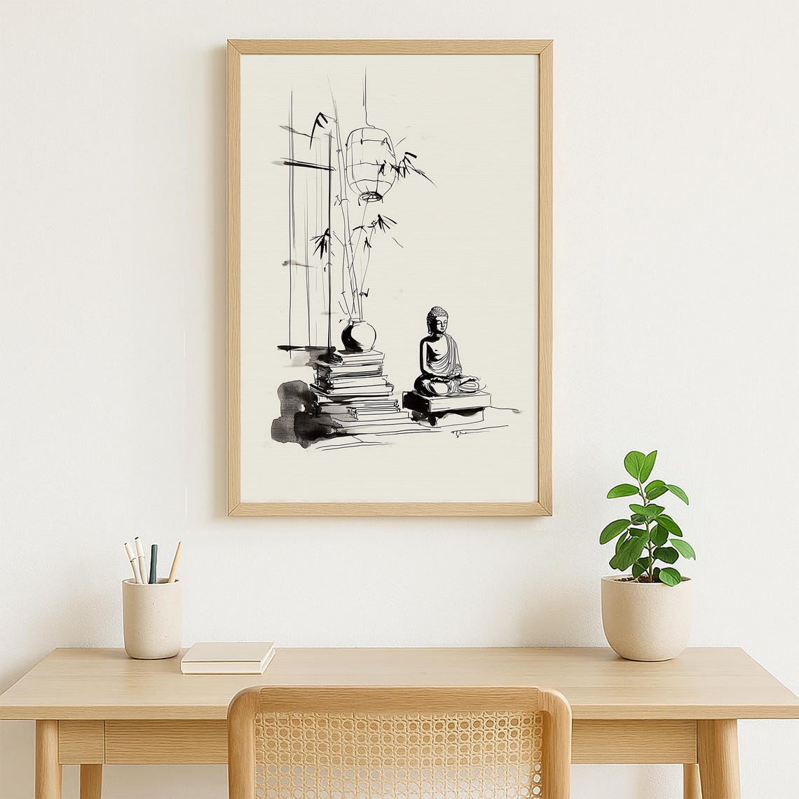 Buddha Ink Drawing Lantern Bamboo Zen Calm Meditation Art Poster - Image 4