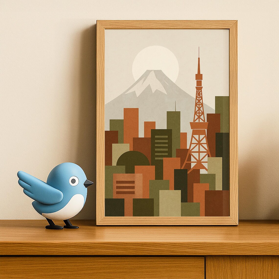 Geometric Tokyo Japan Skyline With Mount Fuji Retro Travel Poster