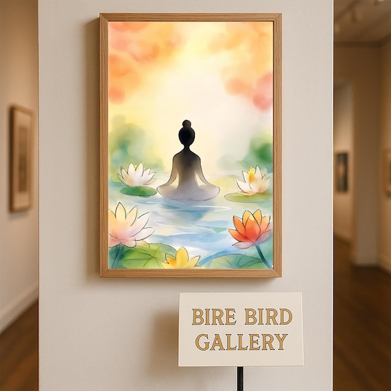 Zen Meditation Lotus Pond Watercolor Peaceful Sunrise Floral Poster