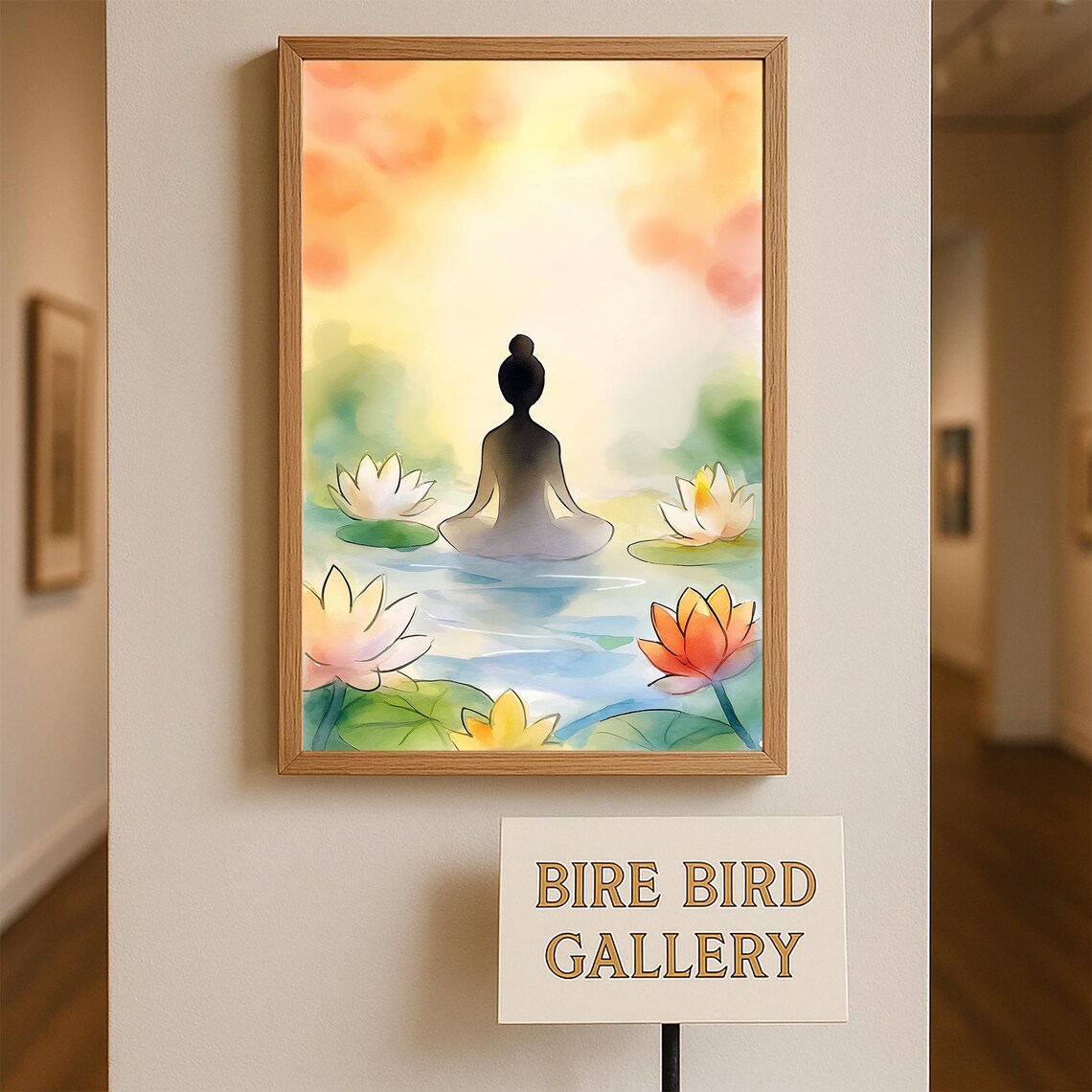 Zen Meditation Lotus Pond Watercolor Peaceful Sunrise Floral Poster