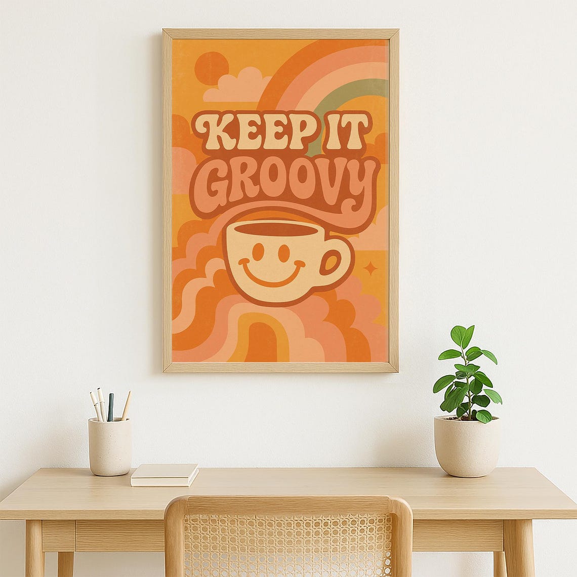 Keep It Groovy Retro 70s Smiley Coffee Cup Rainbow Clouds Poster - Image 5