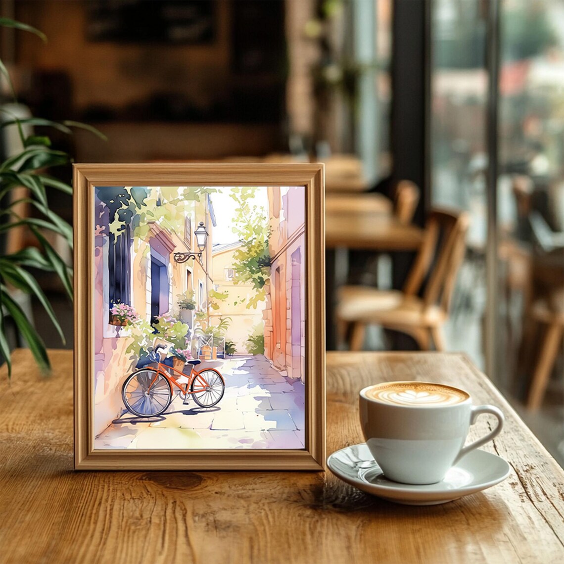 Red Bicycle Sunny Mediterranean Alley Flower Watercolor Poster - Image 2