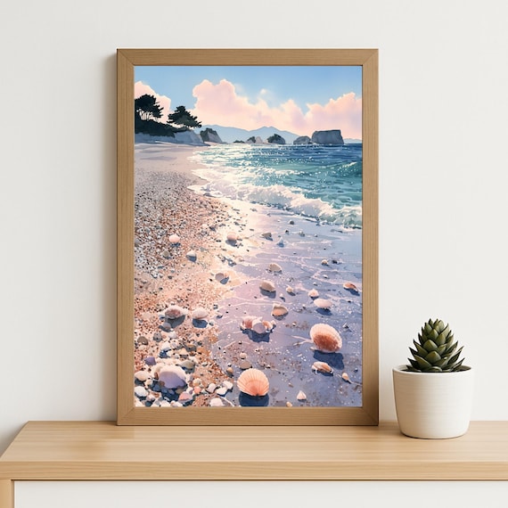 Seashell Beach Watercolor Summer Shore Waves Seaside Landscape Poster