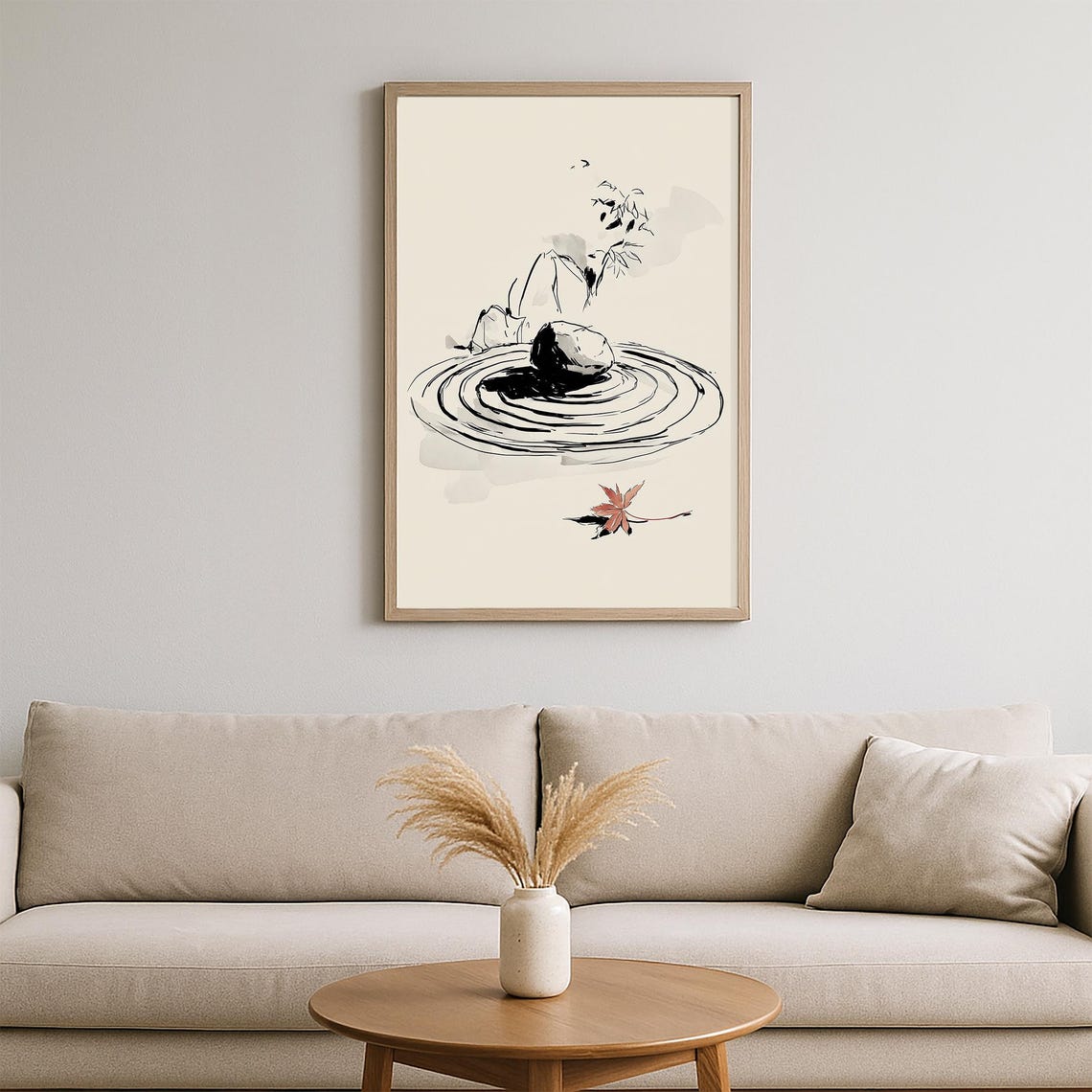 Zen Ink Stone Ripples Maple Leaf Japanese Minimalist Art Poster - Image 2