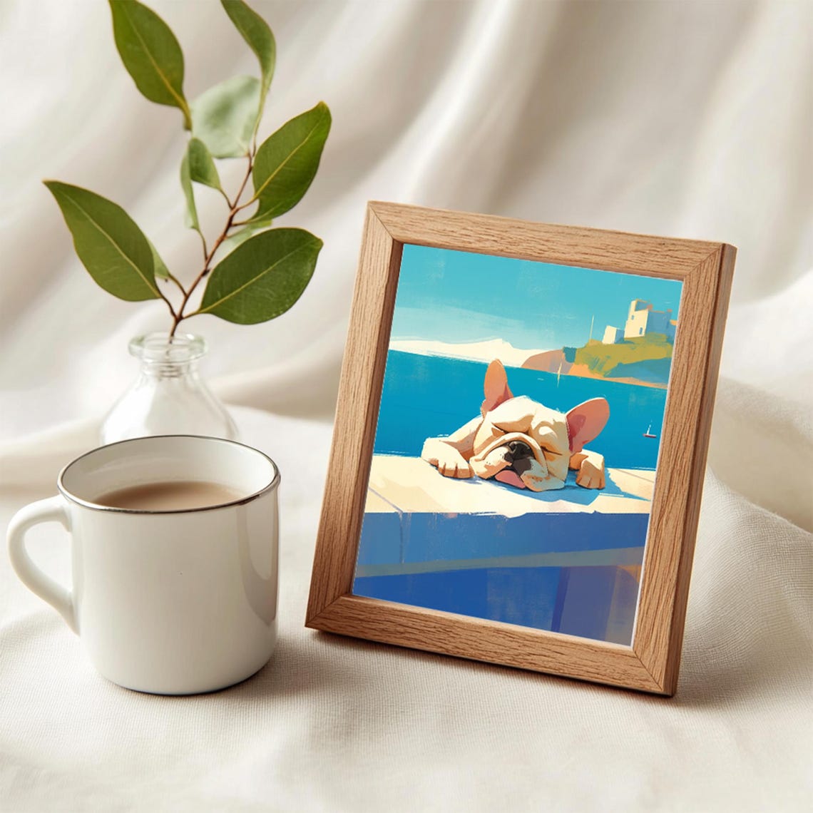 French Bulldog Sleeping Poolside Sea View Cute Dog Art Print - Image 4