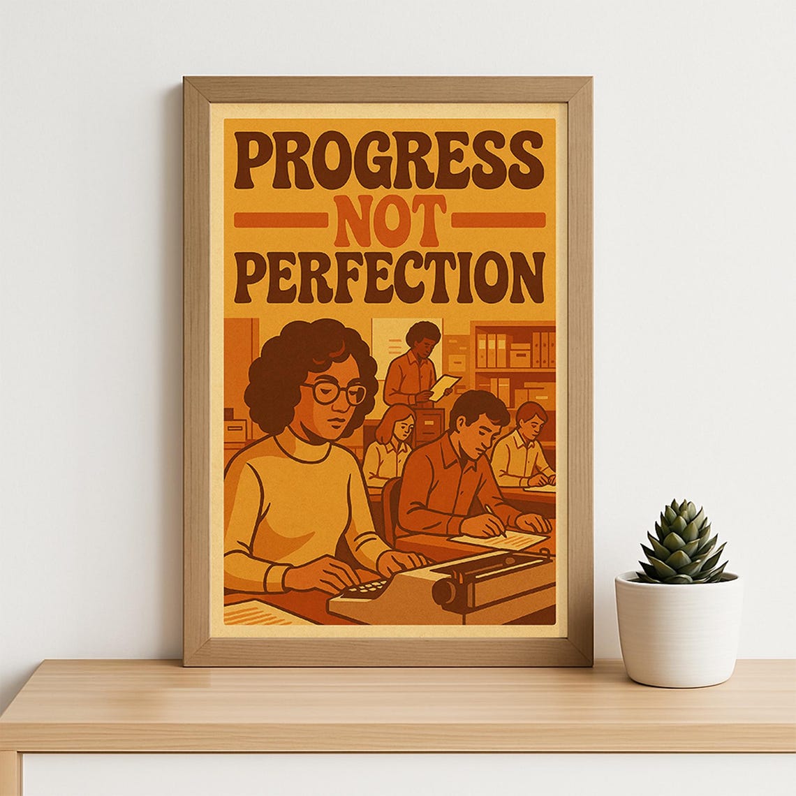 Progress Not Perfection Retro 70s Office Motivational Quote Art Poster