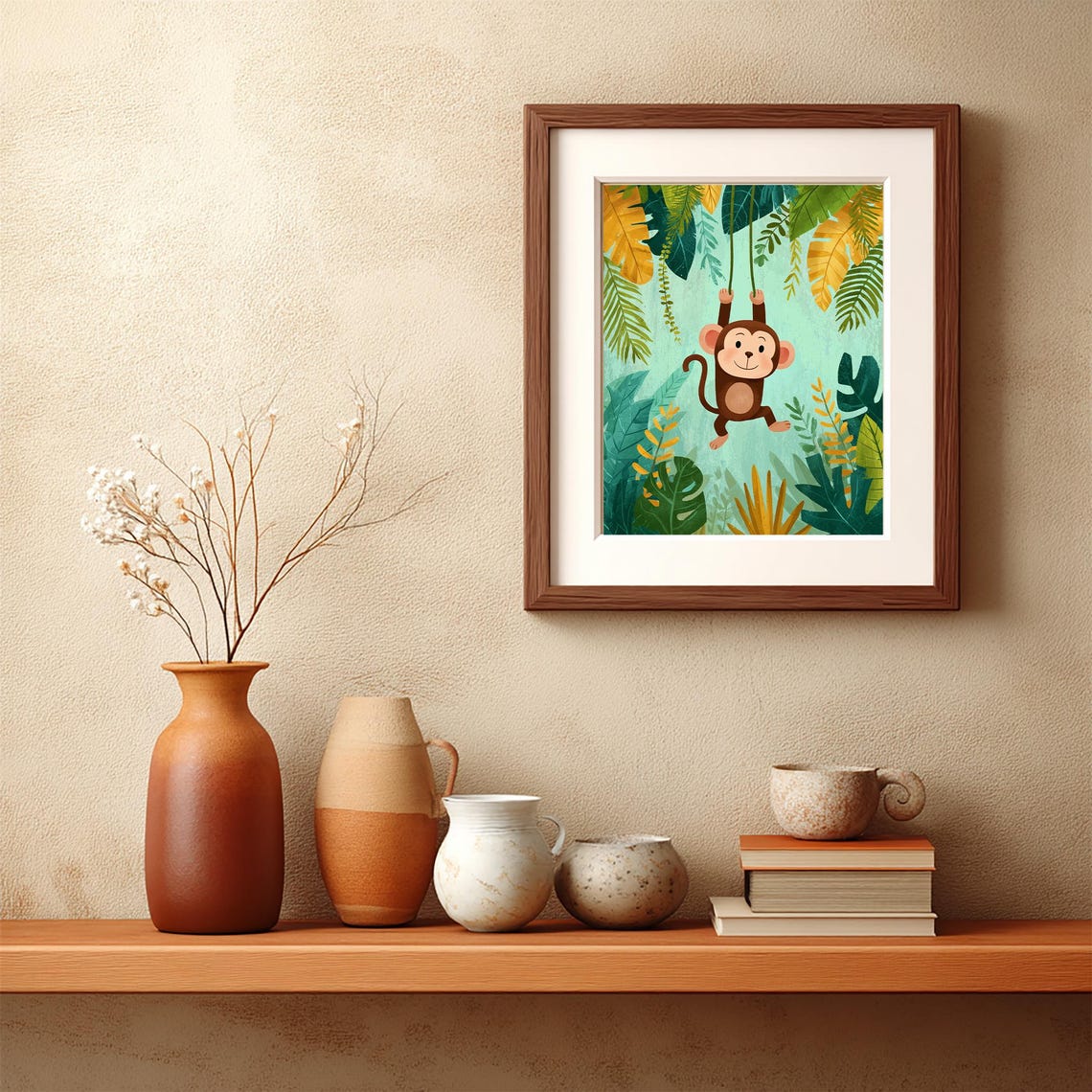 Cute Cartoon Monkey Swinging in a Tropical Jungle Nursery Poster - Image 3