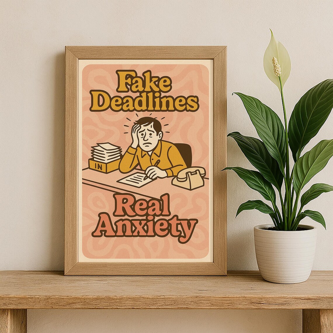 Fake Deadlines Real Anxiety Funny Retro Office Humor Quote Poster - Image 2