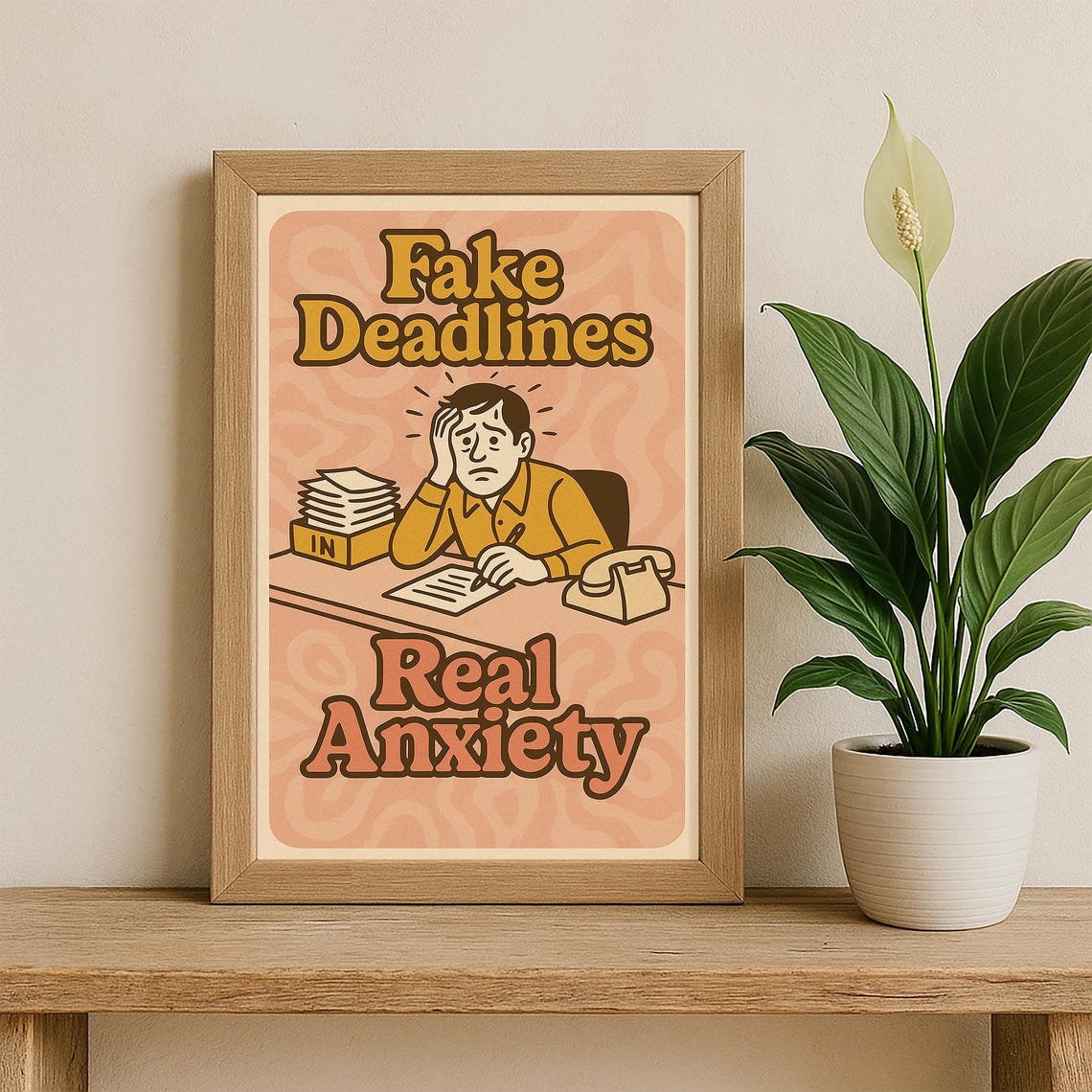 Fake Deadlines Real Anxiety Poster Retro Funny Office Wall Art 70s Groovy Work Humor Decor - Image 2