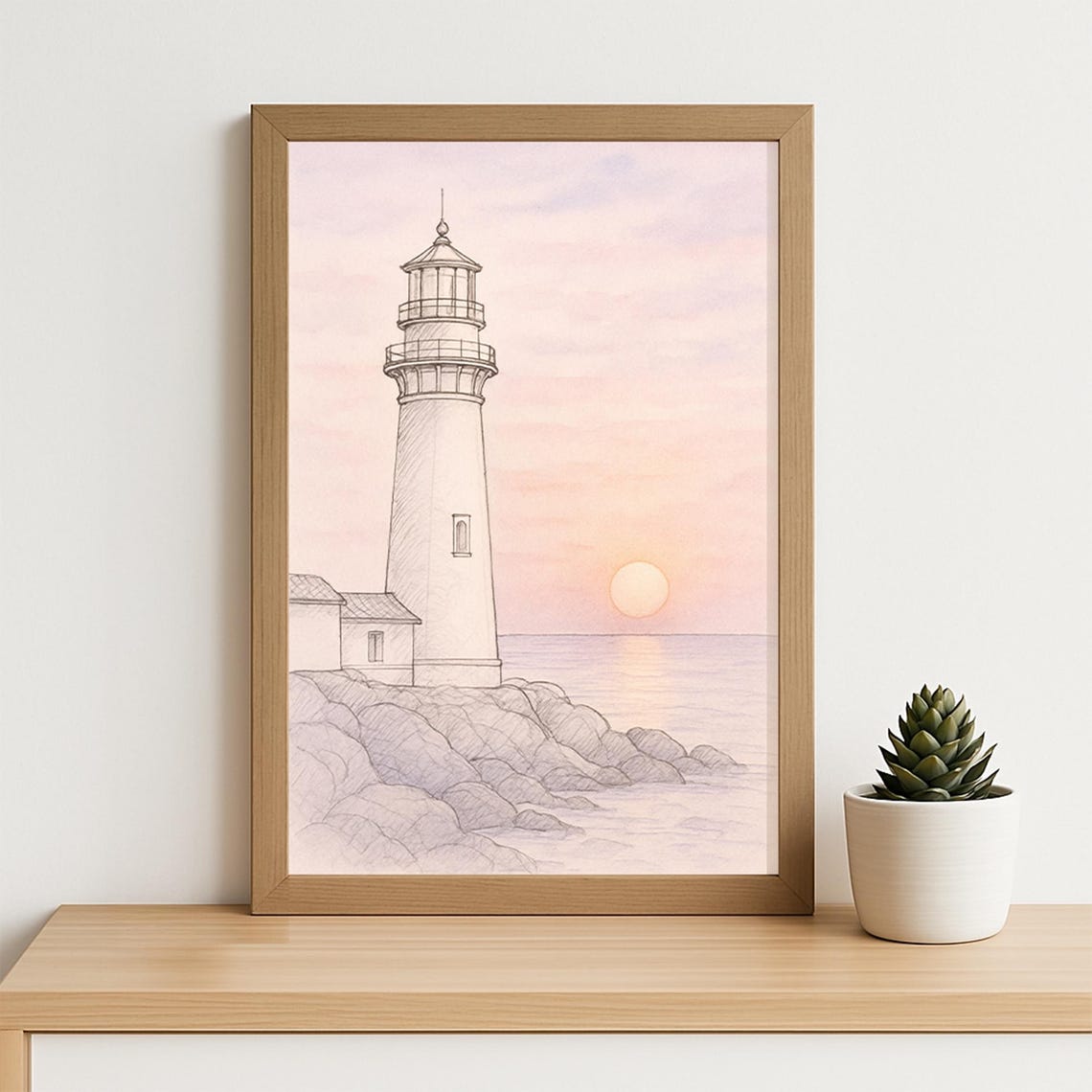 Lighthouse Sunset Wall Art Soft Sketch Coastal Illustration Serene Nautical Decor Tranquil Ocean View Poster