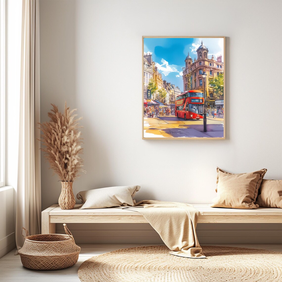 London Red Double Decker Bus Busy Street Watercolor City Poster - Image 3