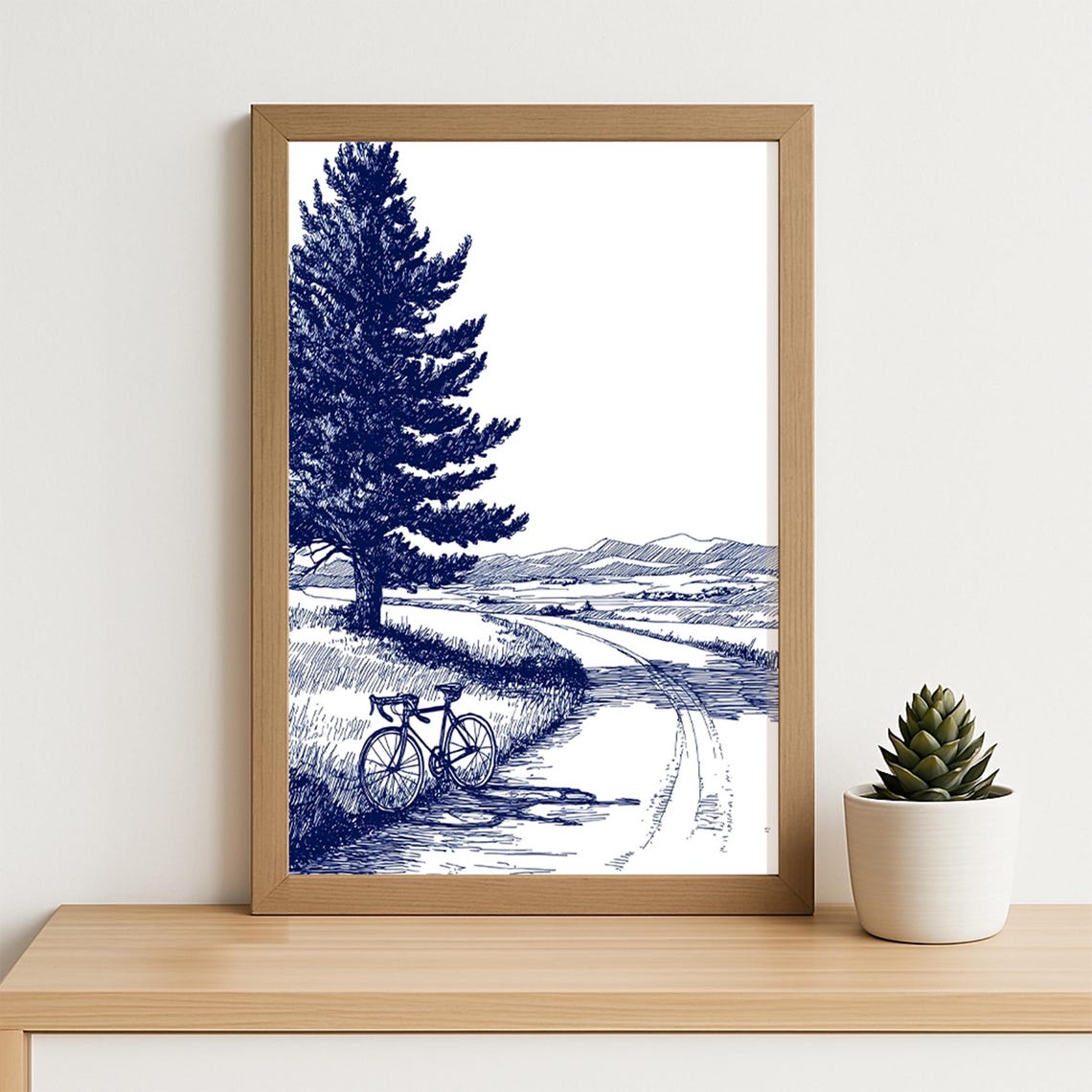 Blue Ink Bicycle Winding Country Road Tall Pine Sketch Poster
