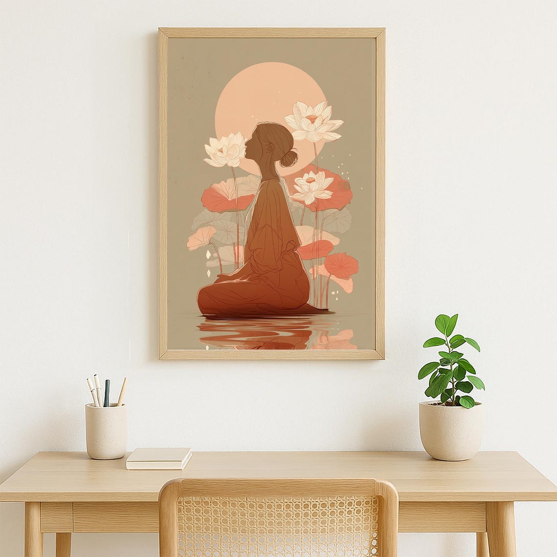 Meditating Woman With Moon And Lotus Flowers Boho Zen Wall Poster - Image 3