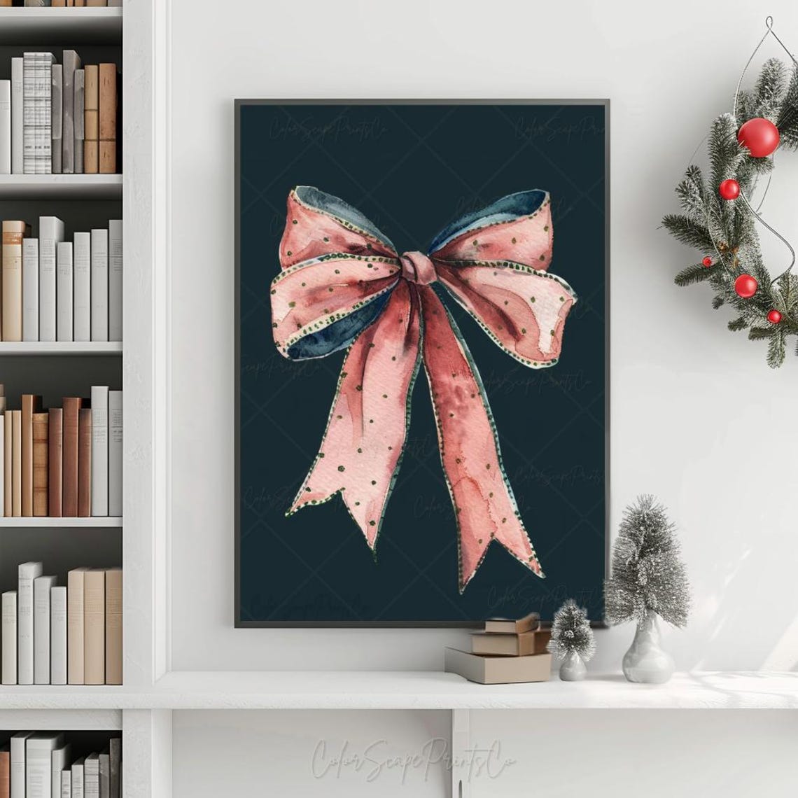 Blush Pink Christmas Bow Watercolor Coquette Holiday Poster Art - Image 2