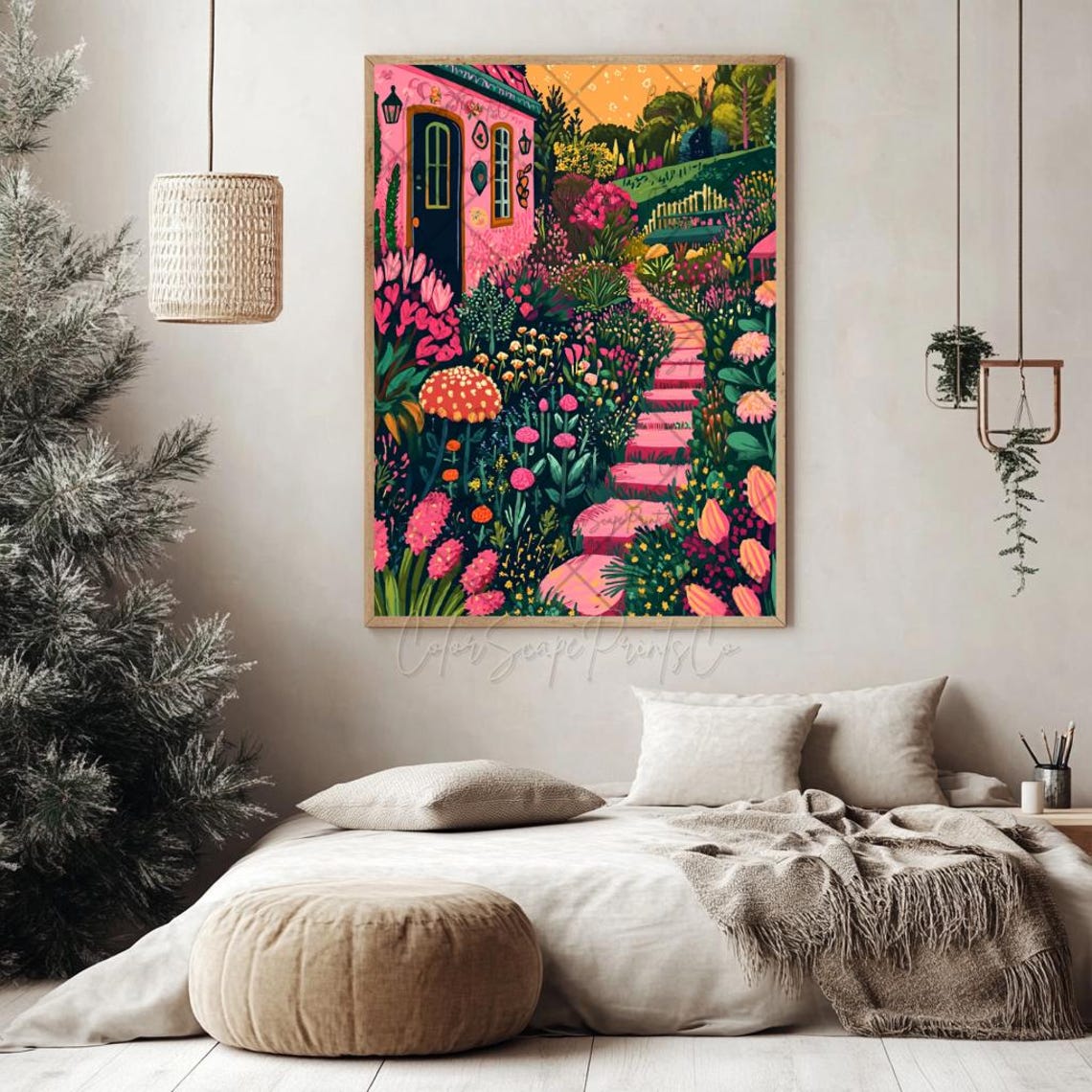 Pink Cottage Garden Path Bursting with Flowers Summer Scene Poster - Image 2