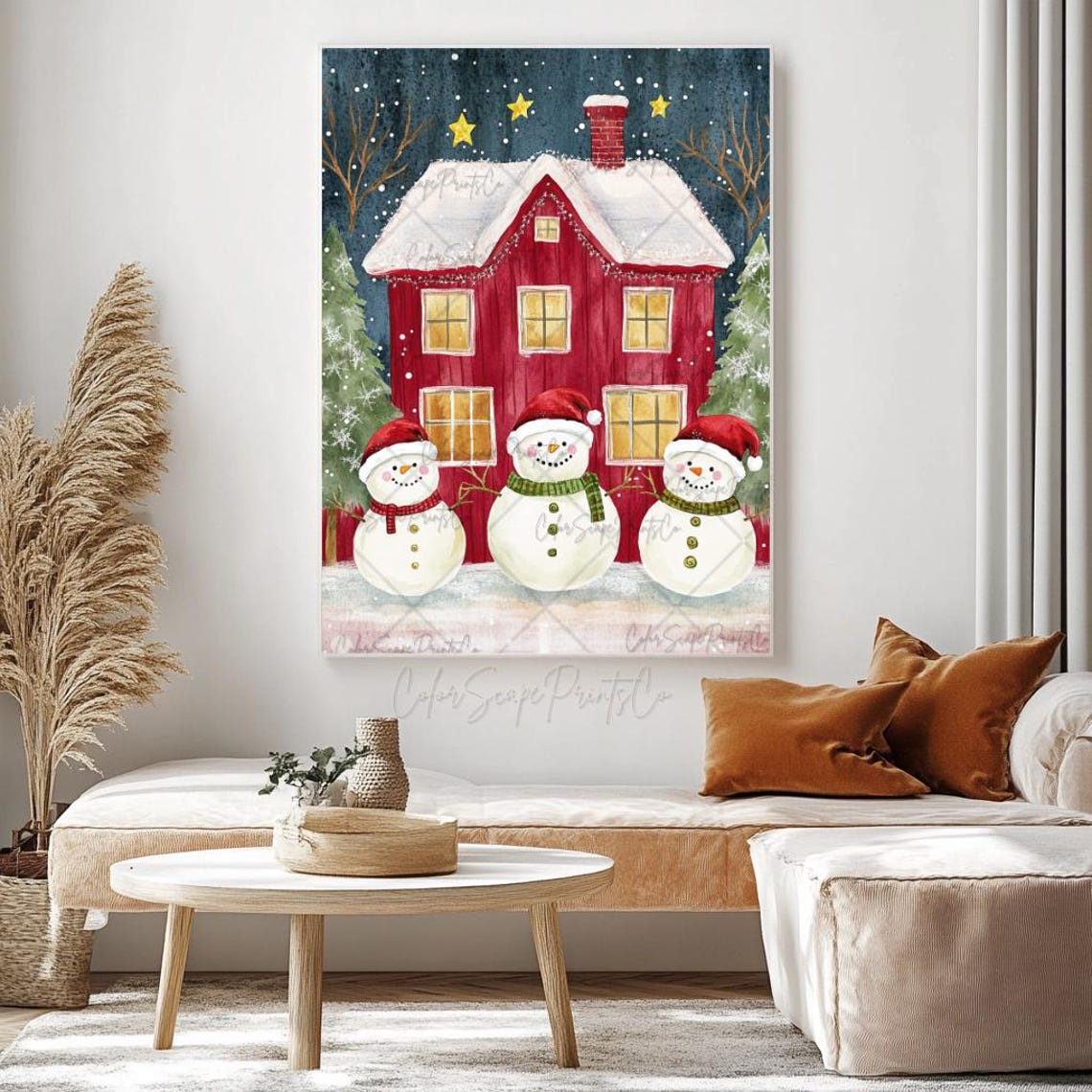 Three Snowmen Santa Hats Christmas Red Farmhouse Snowy Night Poster - Image 2