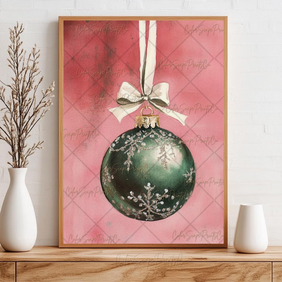 Sage Green Christmas Bauble Ornament Pink Watercolor Poster Art - Image 3