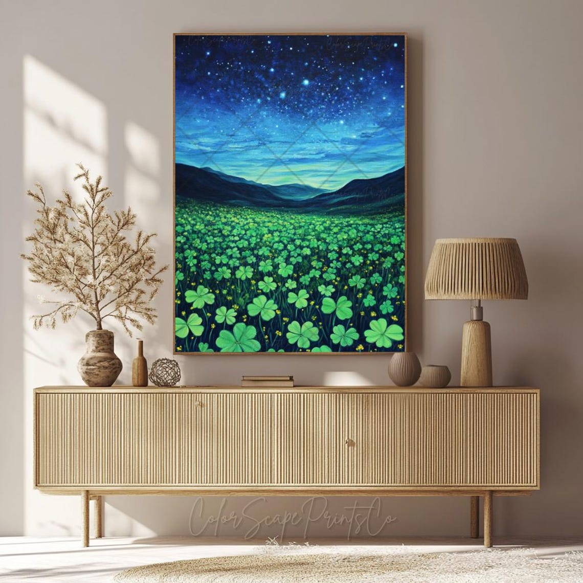 Glowing Clover Field Beneath Starry Midnight Sky Irish Art Poster - Image 2