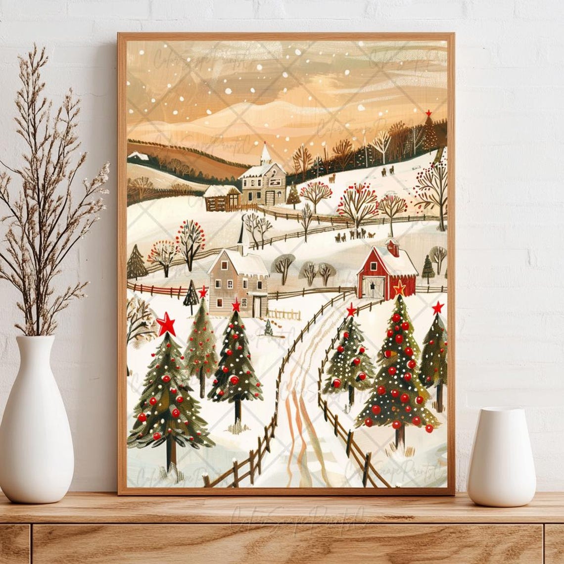Winter Wonderland Painting Christmas Village Print Christmas Tree Farm Print Winter Village Houses Art Christmas Houses Art Holiday Wall Art - Image 4