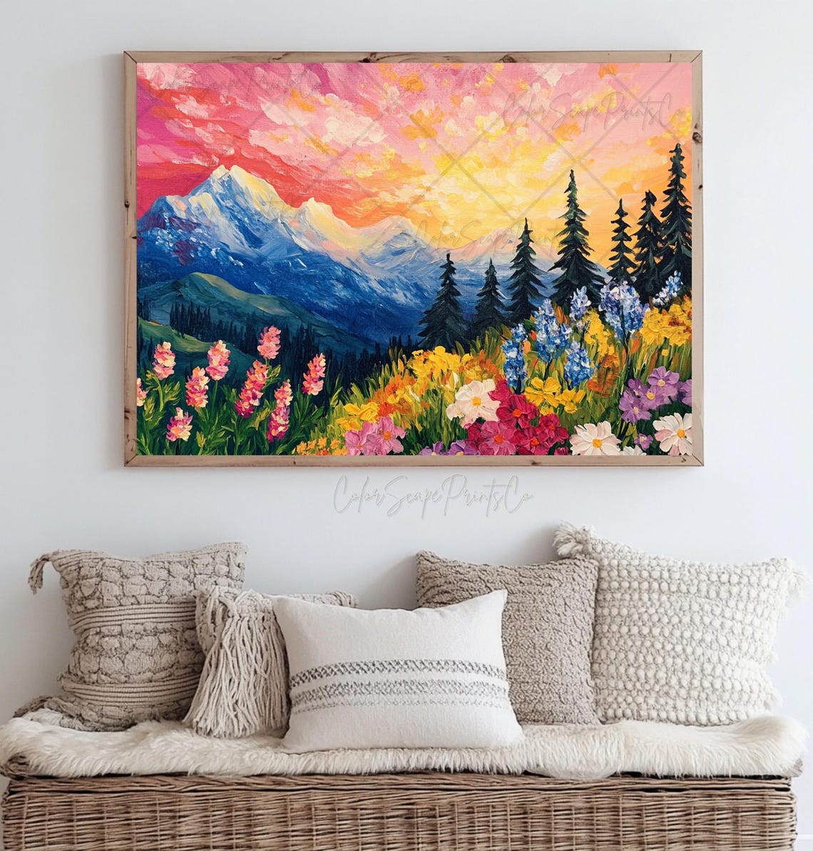 Daisy Mountain Sunset Colorful Wildflower Meadow Landscape Poster - Image 3