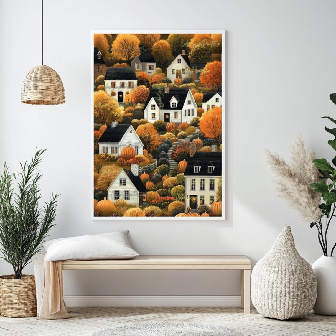 Fall Village Folk Art Print, Autumn Cottage Poster - Image 2