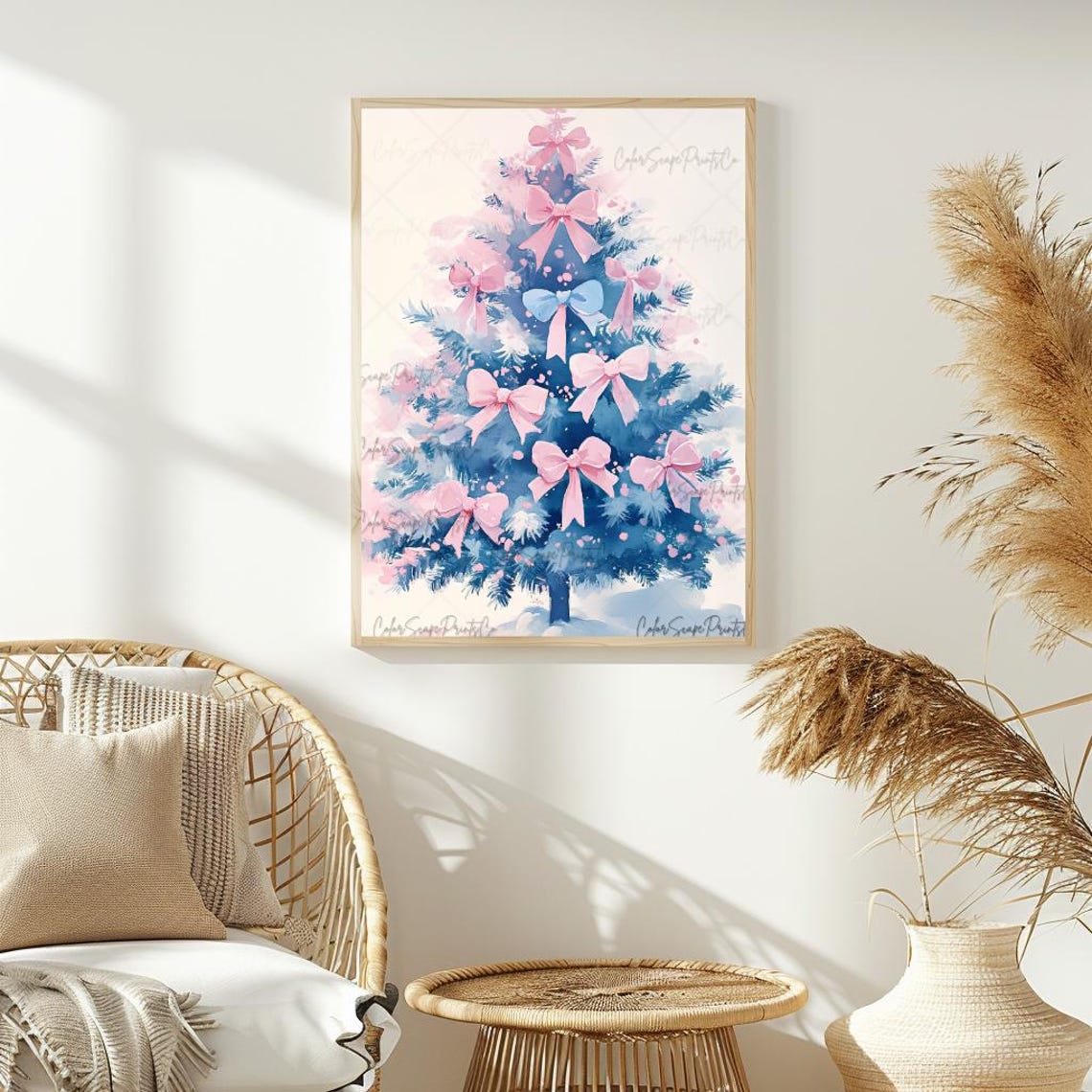 Blue Christmas Tree Pink Bows Watercolor Holiday Pastel Art Poster - Image 2