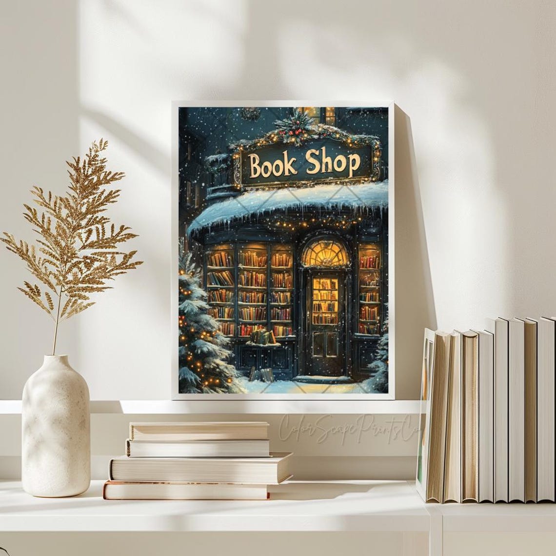 Cozy Book Shop Storefront in the Snow at Night Glowing Windows Poster - Image 3