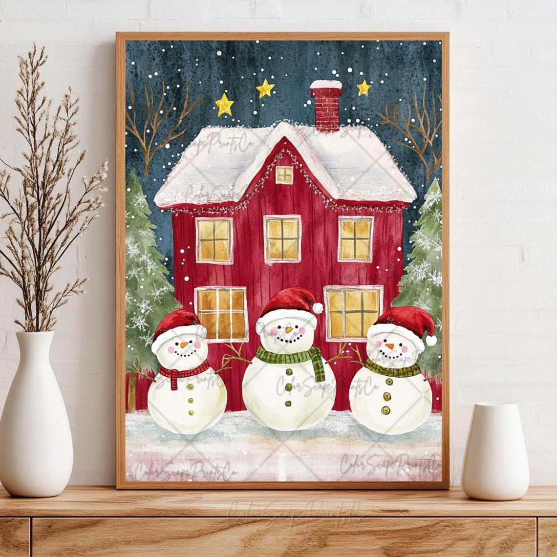 Christmas Village Print Snowman Painting Festive House Print Snowy Landscape Print Red Christmas House Christmas Mantle Decor Festive Decor - Image 3