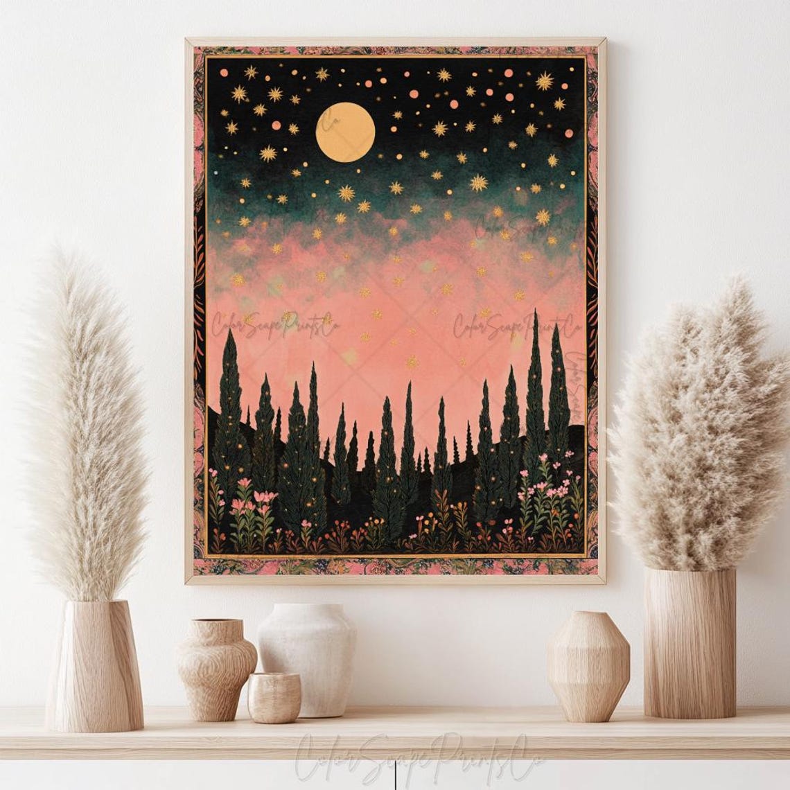 Golden Moon Stars Night Forest Pink Sky Celestial Poster Art - Image 4