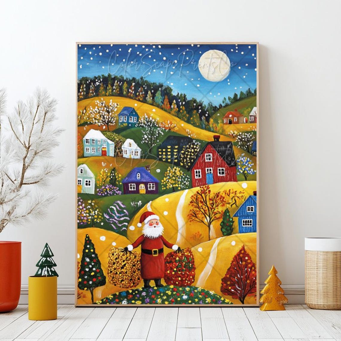 Santa Claus In Christmas Village Painting Colorful Christmas Print Starry Night Snowy Landscape Art Winter Village Print Red Green Christmas - Image 4