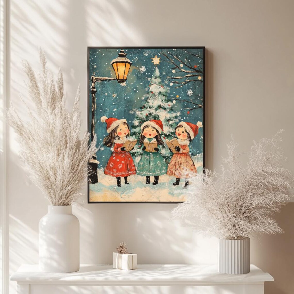 Vintage Christmas Carolers Three Girls Singing Snowy Night Poster - Image 2
