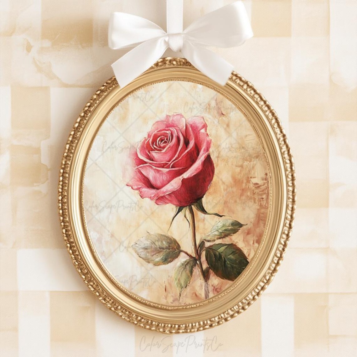 Red Rose Vintage Oil Painting Poster on Textured Warm Beige Background - Image 3