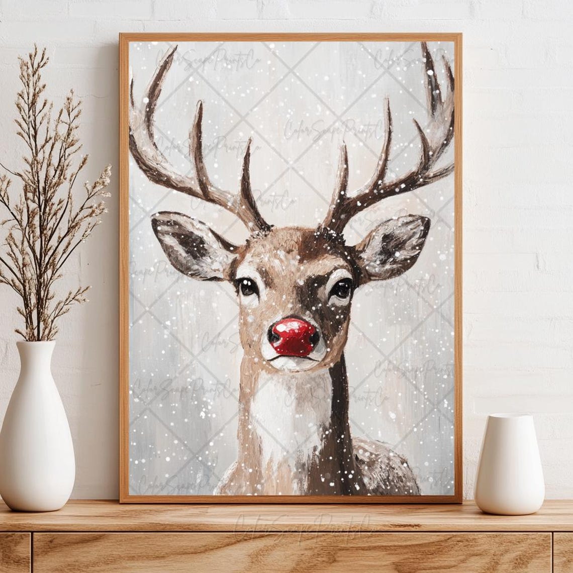 Red Nosed Reindeer Painting Reindeer Wall Art Winter Animal Painting Christmas Woodland Animal Print Rustic Christmas Decor Winter Landscape - Image 2
