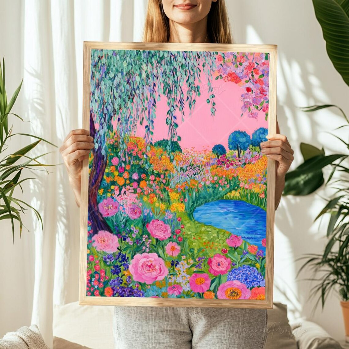 Pink Sky Flower Garden Painting Weeping Willow Pond Bloom Wall Art - Image 3